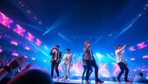 Capture of BTS on stage during a concert, showcasing thrilling bts news and vibrant crowd energy.