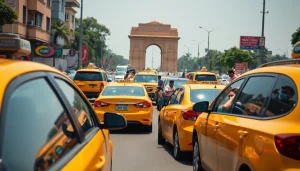 Delhi Taxi Service in action with colorful taxis and friendly drivers assisting passengers in a bustling urban scene.