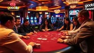 Players engaging in a thrilling poker game at a luxury casino with good88 branding visible.
