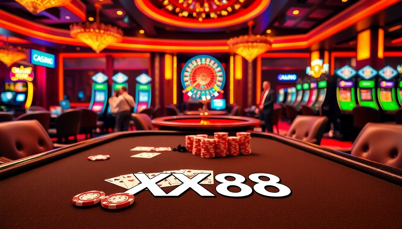 Join the thrilling action at XX88 with a vibrant casino scene featuring poker, roulette, and luxurious ambiance.