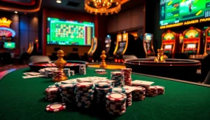 Experience sbobet link alternatif with a luxurious casino scene featuring poker chips, cards, and dynamic betting interfaces.