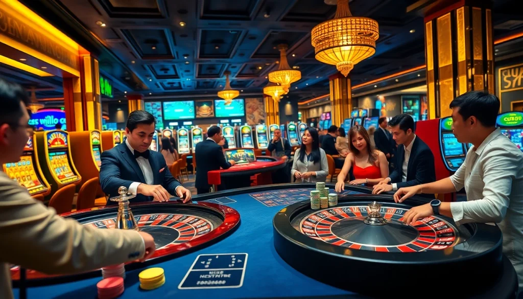 Hello88 casino scene with players at a vibrant roulette table and engaging slot machines.