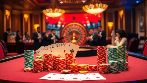 Players enjoying a thrilling game at Nhà cái OKFUN, featuring poker chips and a roulette wheel.