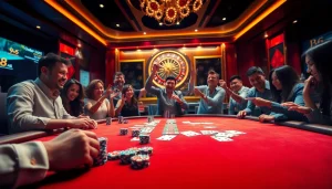 Poker players enjoying a winning moment at a luxurious 98WIN casino table.
