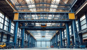 Double girder bridge crane lifting heavy cargo in an industrial setting, showcasing its robust design and safety features.