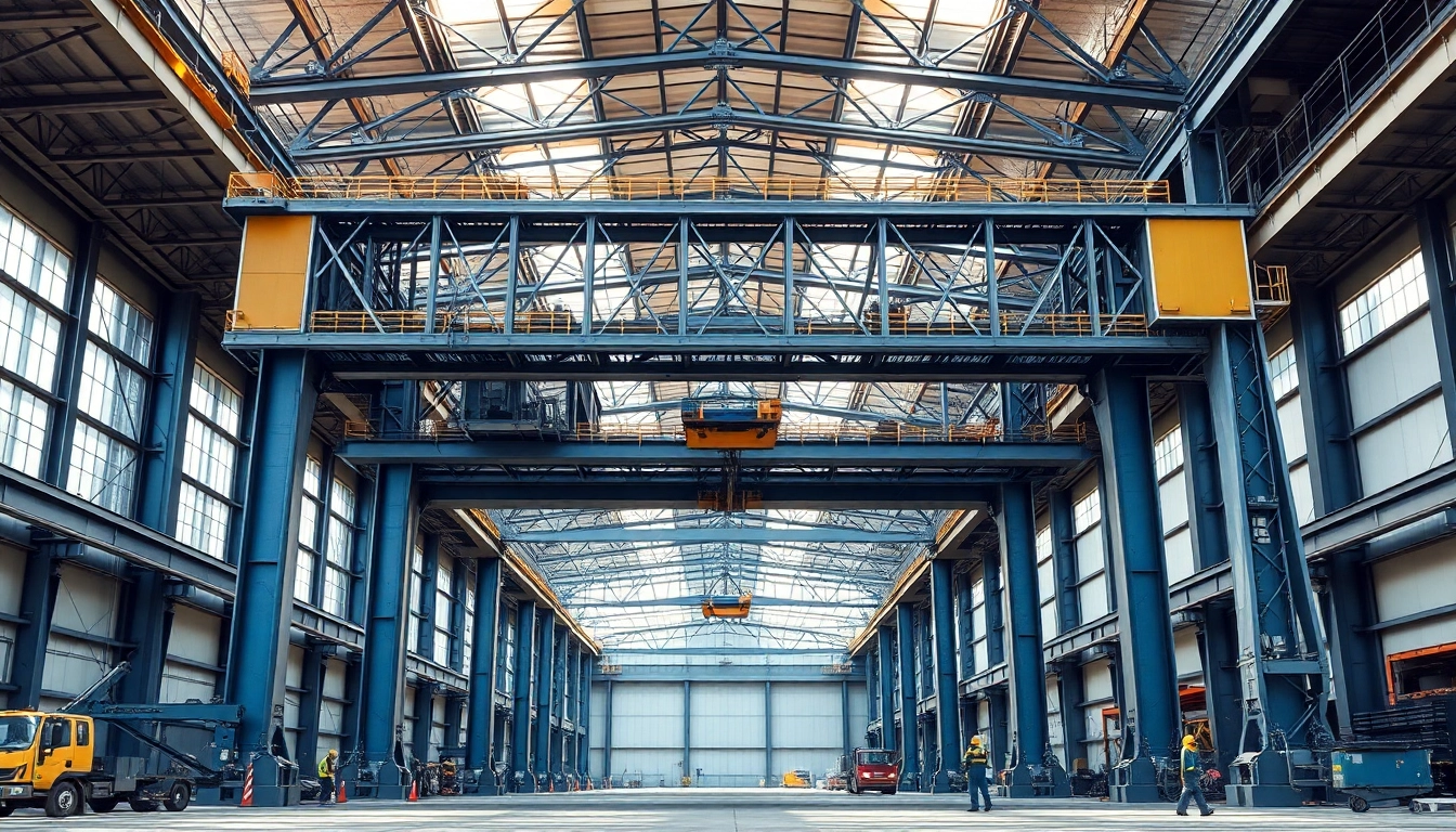 Double girder bridge crane lifting heavy cargo in an industrial setting, showcasing its robust design and safety features.