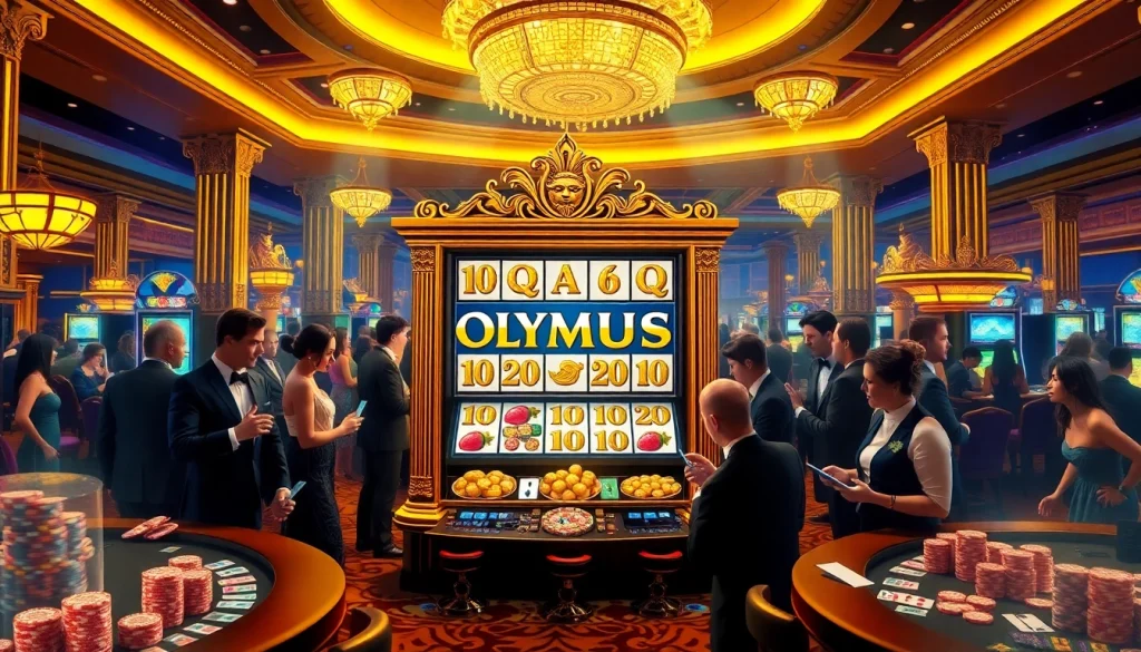 Experience the thrill of the olympus slot amidst a luxurious casino setting with eager players and vibrant decor.