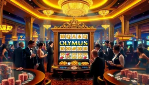Experience the thrill of the olympus slot amidst a luxurious casino setting with eager players and vibrant decor.