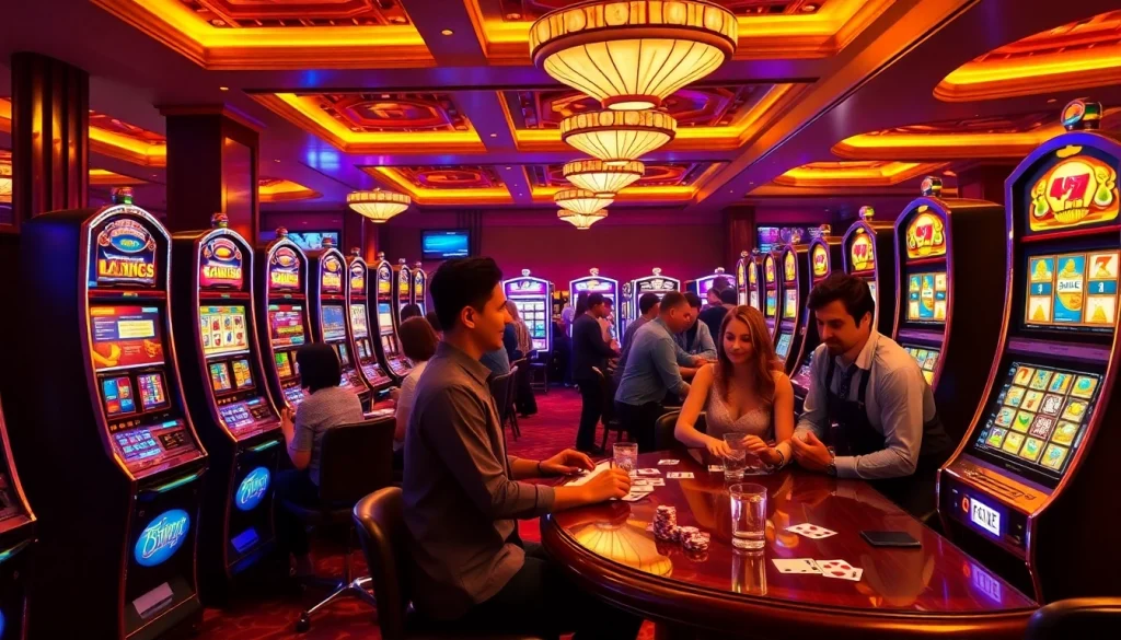 Berinteraksi dengan mesin slot Depo 5k dalam suasana kasino yang hidup.