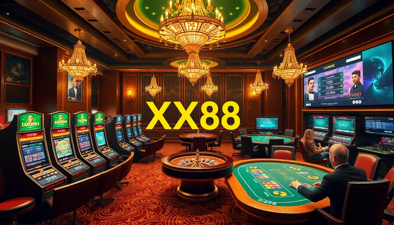 Experience thrilling gameplay at XX88 with vibrant slot machines and poker tables in a luxurious casino setting.
