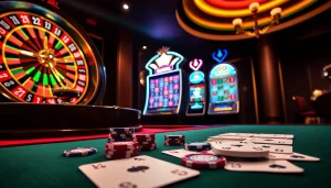 Experience the thrill of GO88 gaming at a luxurious casino with vibrant slot machines and poker chips.