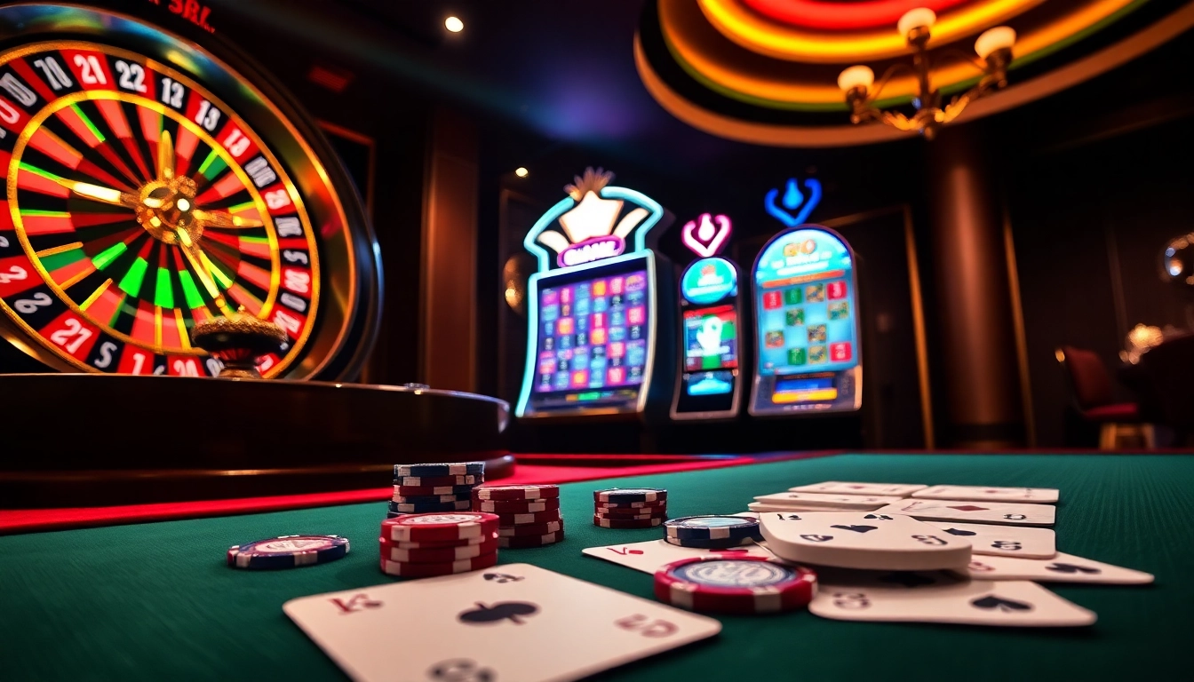 Experience the thrill of GO88 gaming at a luxurious casino with vibrant slot machines and poker chips.