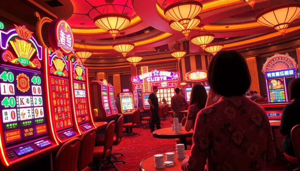 Experience the excitement of a mahjong slot demo with vibrant slot machines, glowing lights, and dedicated players in an engaging casino atmosphere.