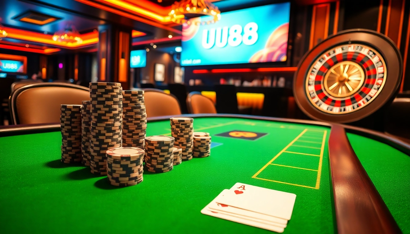 Engage with thrilling casino action at UU88.com with vibrant poker chips and cards.