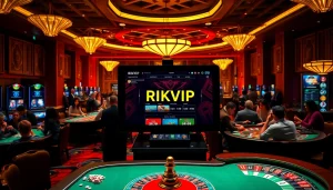 Experience the thrill of RIKVIP gaming, showcasing a vibrant casino floor and online gambling interface.