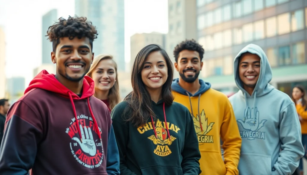 Džemperiai su spauda rodomi įvairių asmenų dinamiškoje miesto aplinkoje, pabrėždami kūrybiškumą ir individualizavimą.