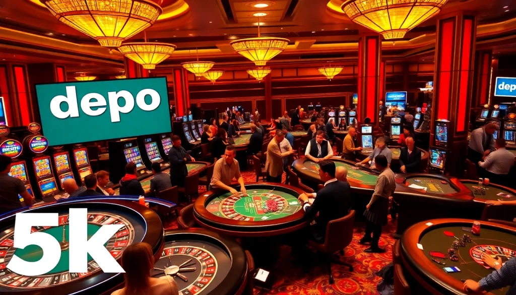 A lively casino gaming scene featuring "depo 5k" at colorful tables with enthusiastic players and elegant decor.