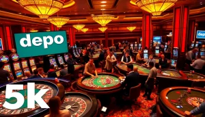 A lively casino gaming scene featuring "depo 5k" at colorful tables with enthusiastic players and elegant decor.