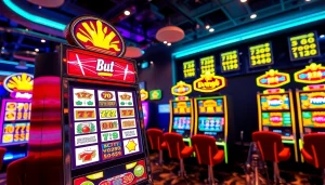 Menangkan permainan slot deposit 1k dengan visual mesin slot berwarna-warni dan antarmuka digital.