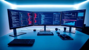 Dynamic software engineering workspace with coding screens and modern tech gadgets