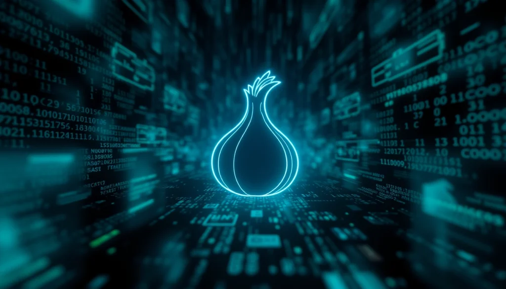 Discover the hidden wiki dark web through an evocative digital landscape showcasing the mysterious onion symbol amidst codes and anonymity.