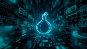 Discover the hidden wiki dark web through an evocative digital landscape showcasing the mysterious onion symbol amidst codes and anonymity.