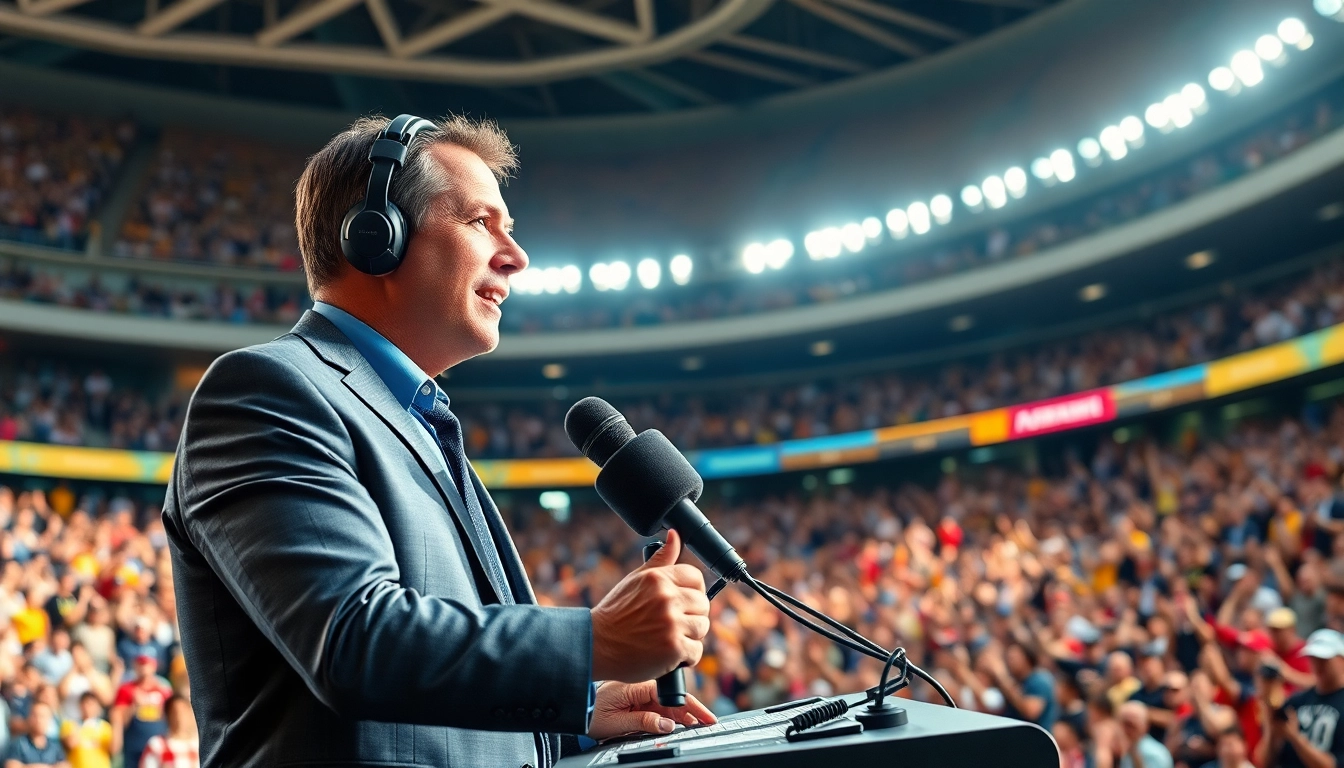 Captivating moment in Sports Broadcasting featuring a live commentator engaging with an energized crowd.
