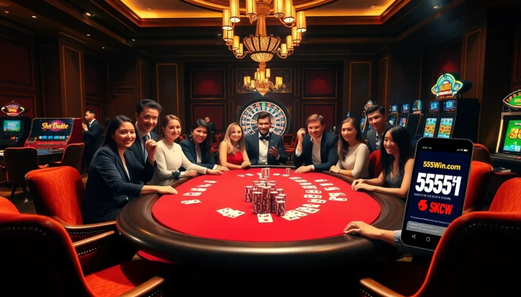 Players engage at an upscale poker table in a stylish casino setting, representing the 555win com experience.
