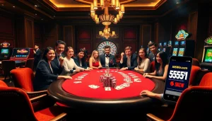 Players engage at an upscale poker table in a stylish casino setting, representing the 555win com experience.