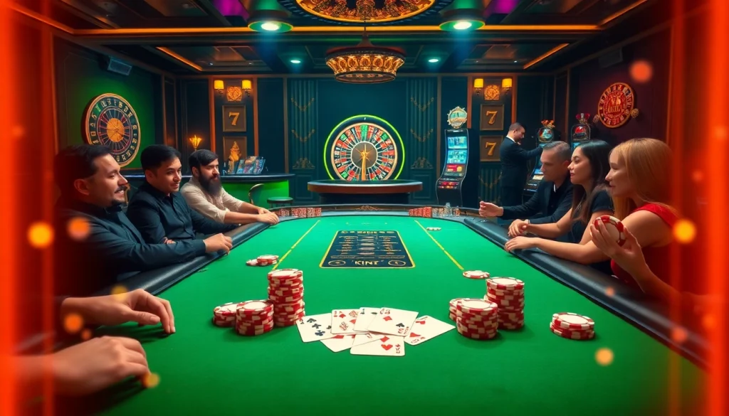 Poker players engaging at a luxurious 79king casino table with vibrant chips and cards.