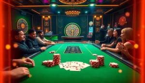 Poker players engaging at a luxurious 79king casino table with vibrant chips and cards.
