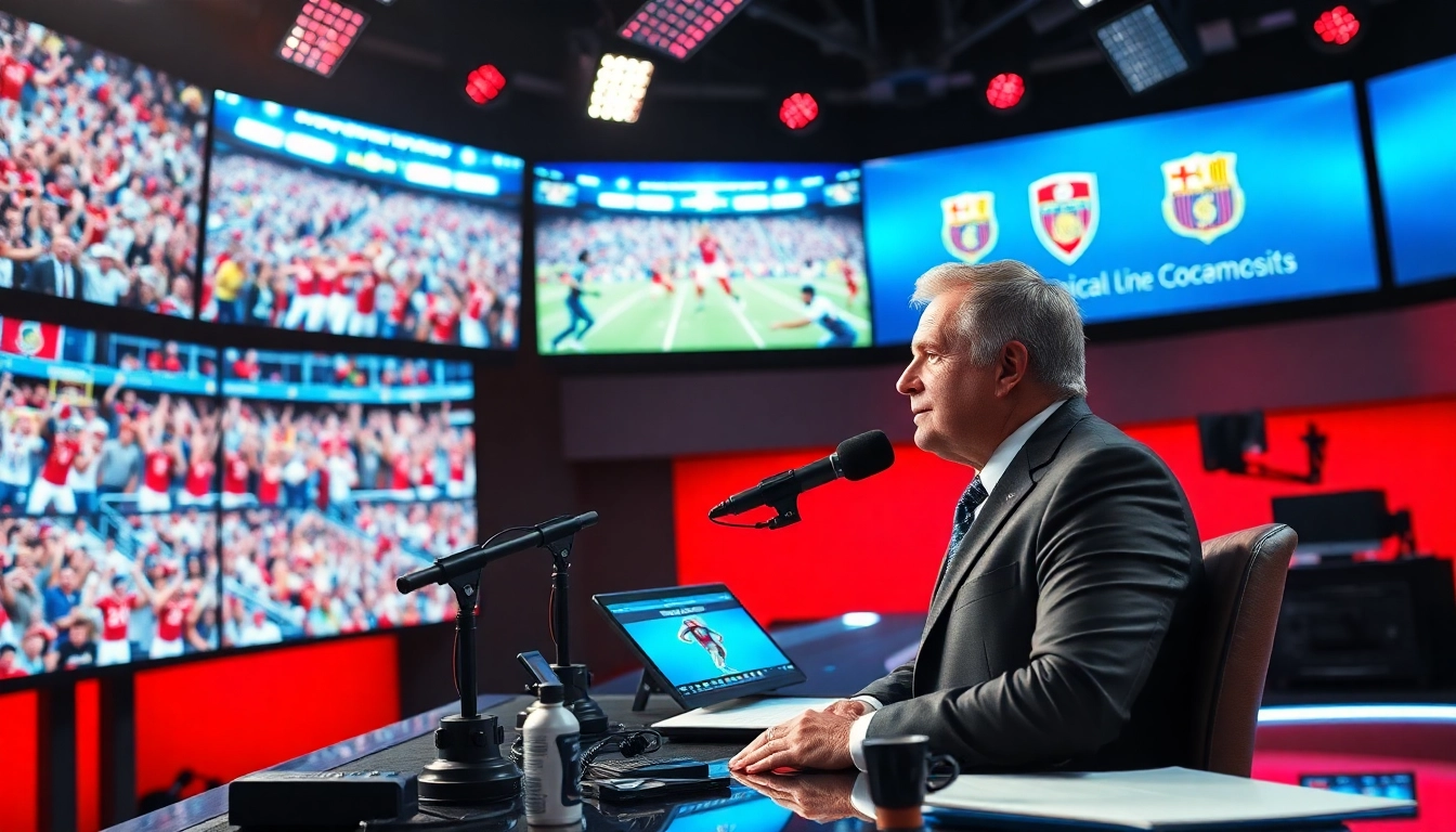 Engaging sports broadcasting commentary scene highlighting live action and energetic atmosphere.