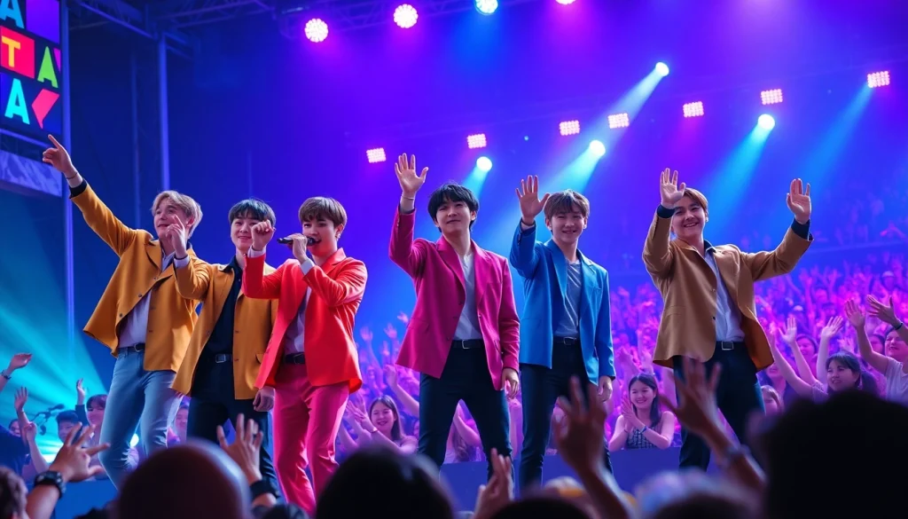 Engage with the latest bts news, showcasing BTS members energetically performing on stage before a vibrant crowd.