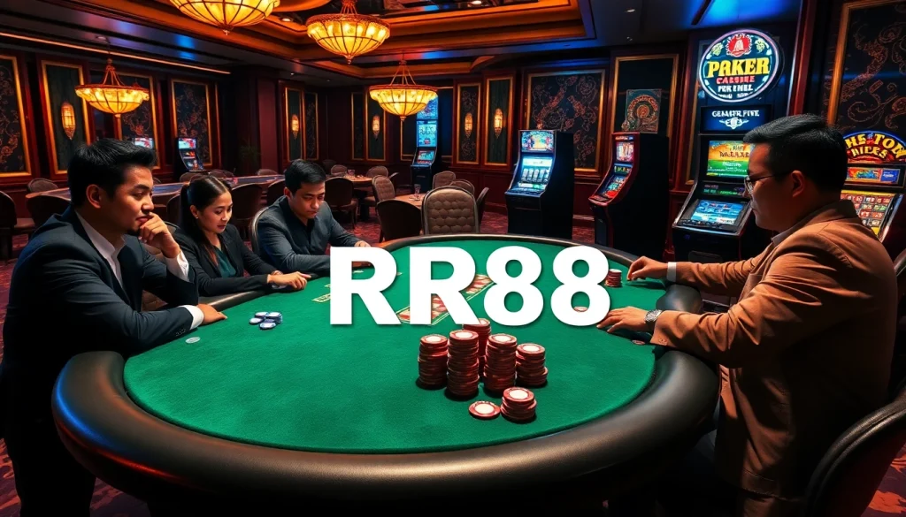 Engaged players at a luxurious poker table in the dynamic RR88 casino atmosphere.