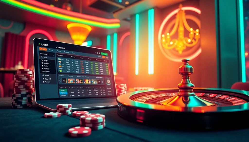 Engage with link alternatif sbobet on a vibrant digital betting platform surrounded by poker chips and roulette wheels.