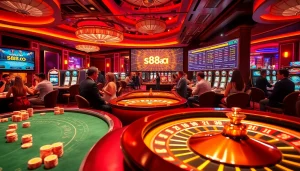 A view of a dynamic casino scene with players engaged in gaming while highlighting s88a.io gaming interface.