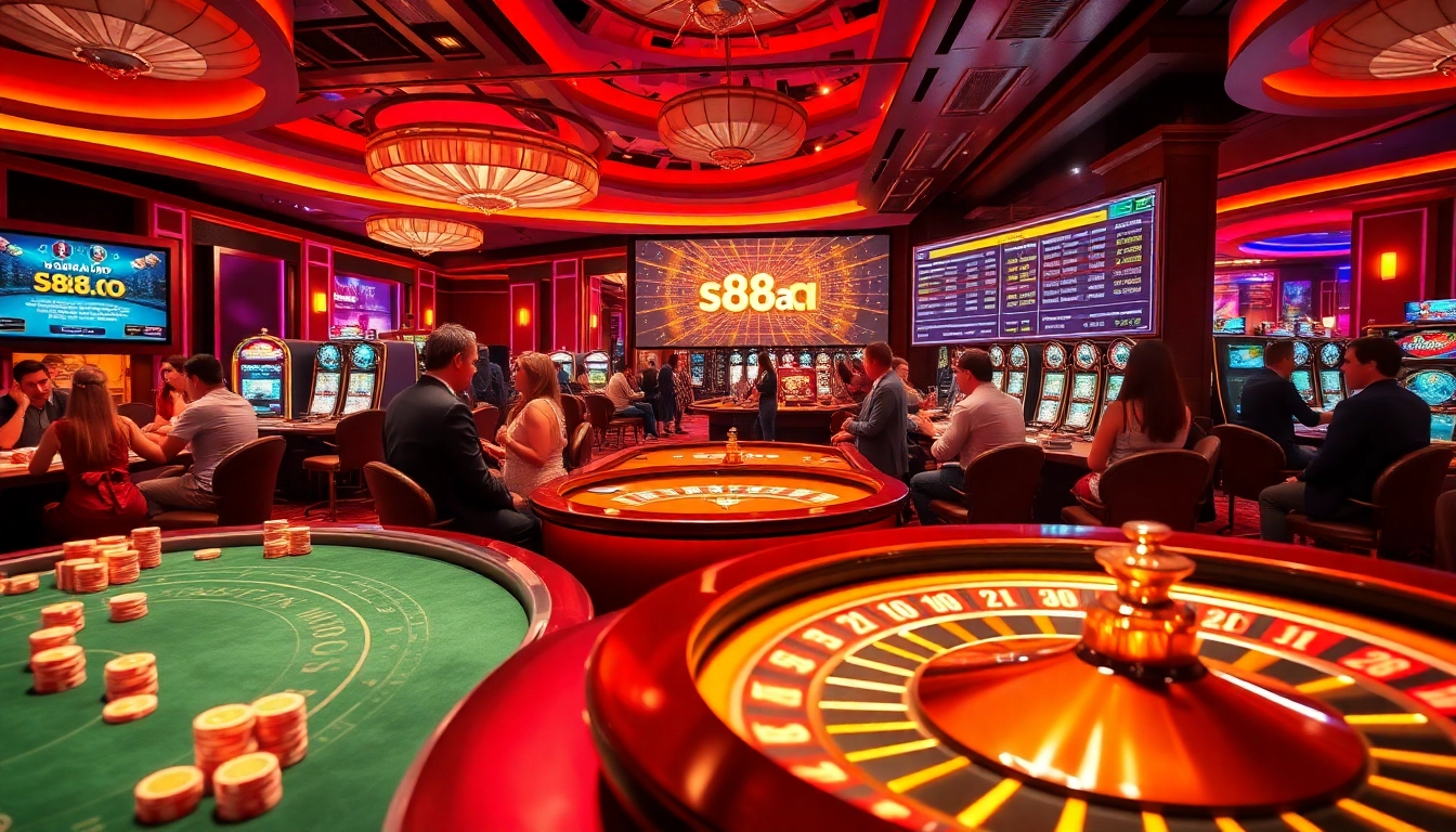A view of a dynamic casino scene with players engaged in gaming while highlighting s88a.io gaming interface.