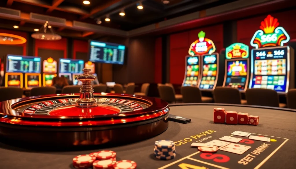 Số Đỏ 66 gambling scene with a roulette wheel and vibrant slot machines in a luxurious casino setting.