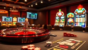 Số Đỏ 66 gambling scene with a roulette wheel and vibrant slot machines in a luxurious casino setting.