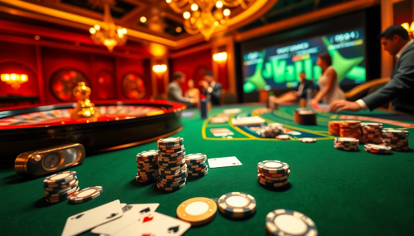 Gambling excitement at https://ww88.cards/ with poker tables and roulette wheel.