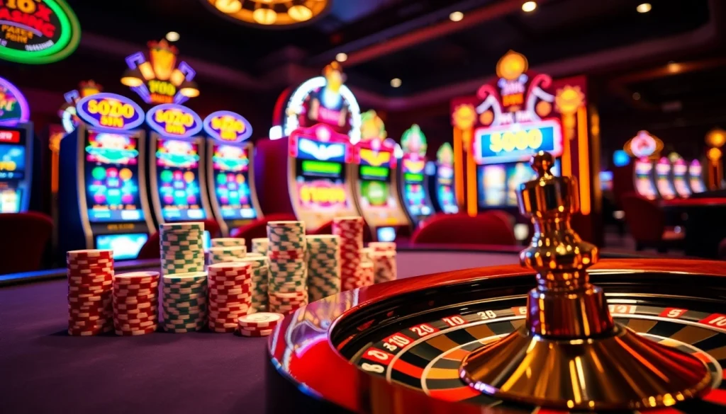 Playing casino games at onicplay amidst vibrant slot machines and a majestic poker table.