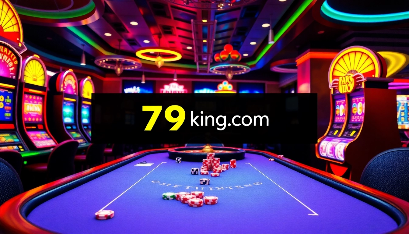 A dynamic poker game at 79king com, showcasing players, poker chips, and vibrant slot machines.