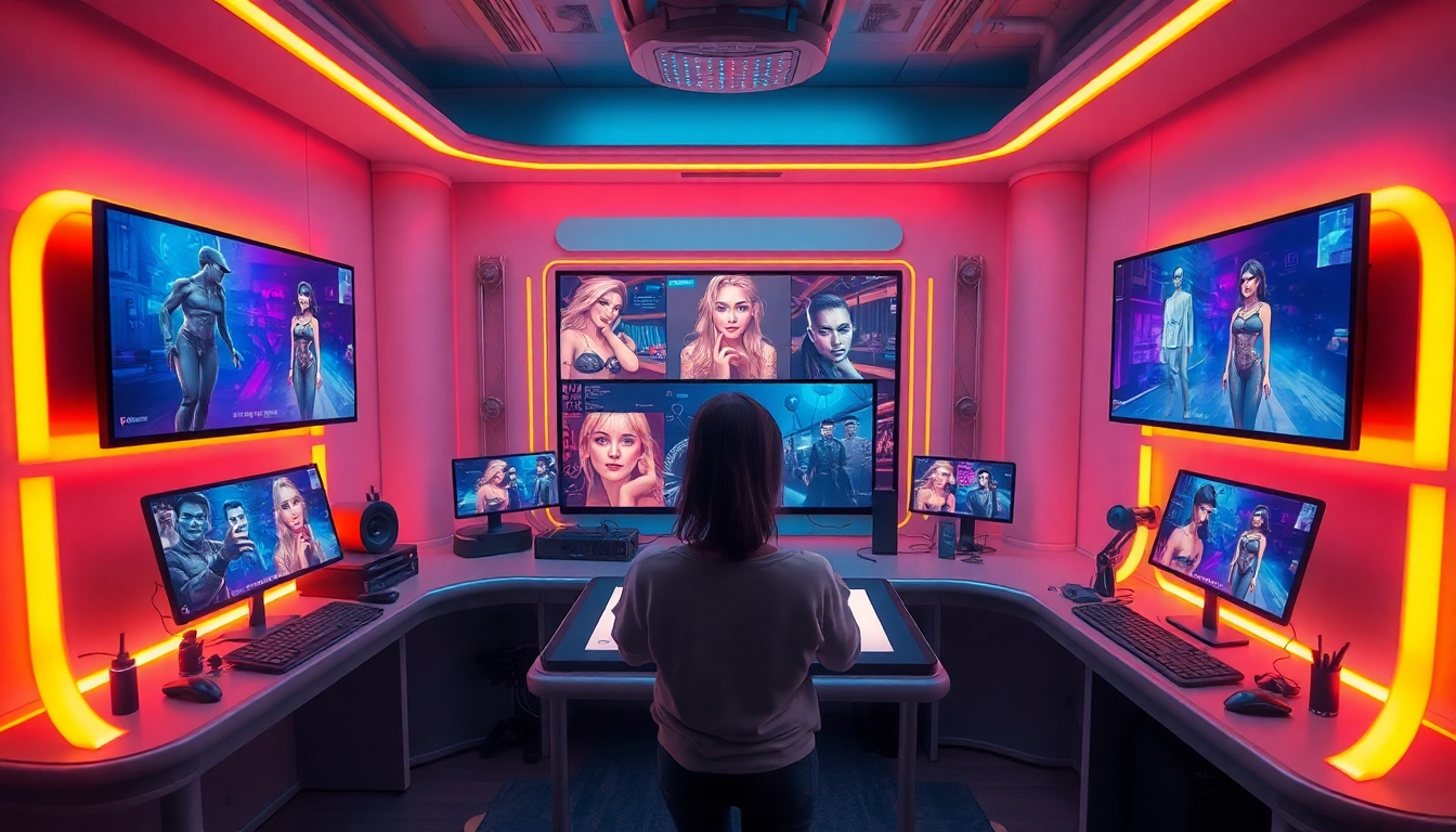 AI nsfw art studio showcasing futuristic image generation with engaging characters.