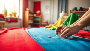 Stretch stoffen op een naaitafel met levendige kleuren en texturen, perfect voor creatievelingen.