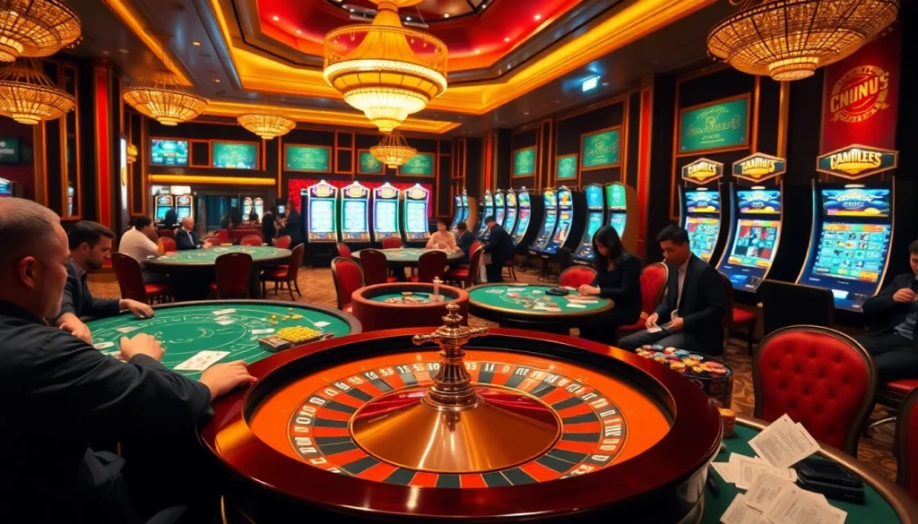 Experience luxury gambling at https://nohu.business/, with players at poker tables and roulette wheels.