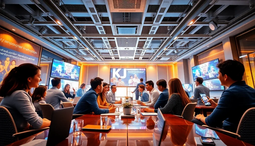 KJC365 team collaborating in a modern office, highlighting innovation and entertainment services.