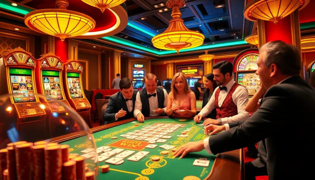 Players enjoying a mahjong slot demo, vibrant casino atmosphere with poker chips and roulette wheel.