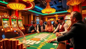 Players enjoying a mahjong slot demo, vibrant casino atmosphere with poker chips and roulette wheel.
