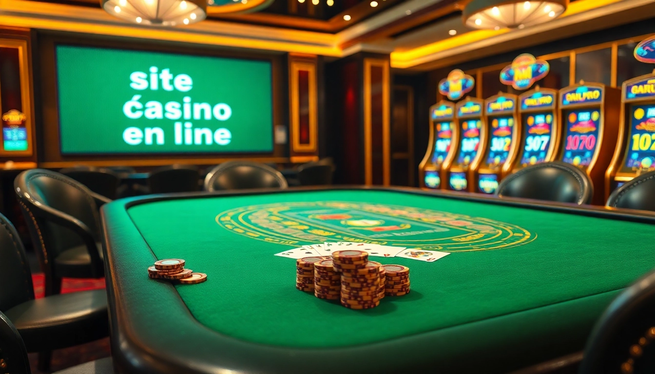Vivez l'excitation sur un site de casino en ligne avec des tables de jeu sophistiquées et des jetons de poker vibrants.