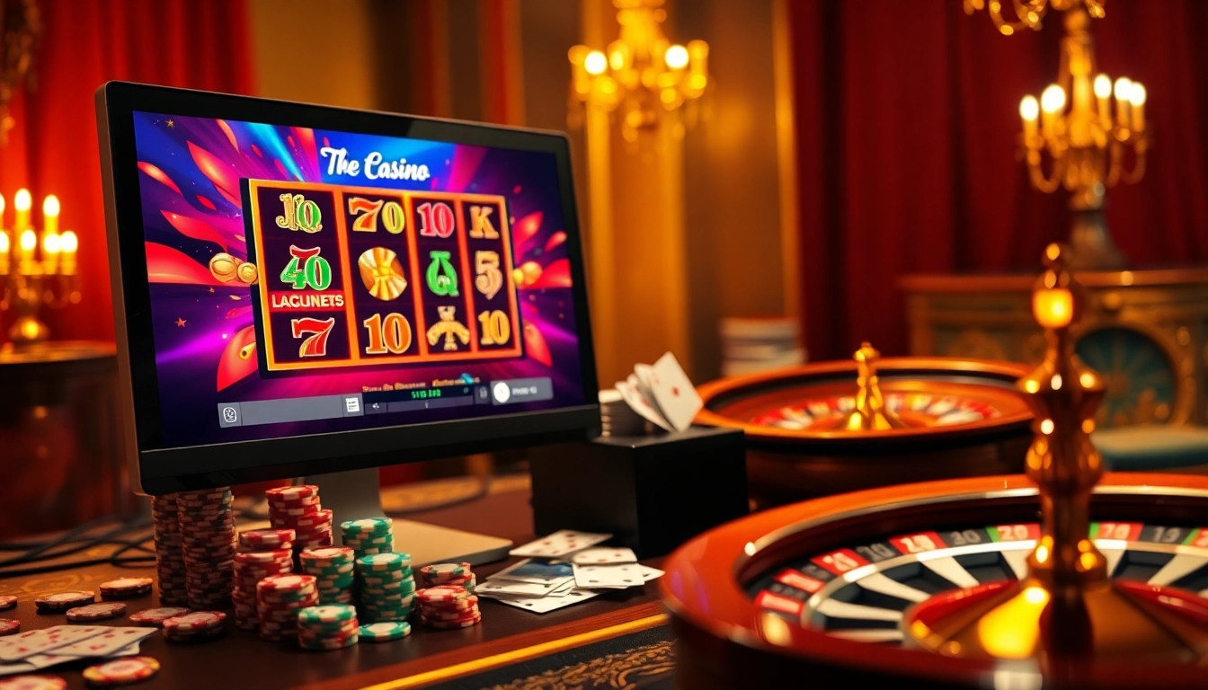 Plongez dans l'excitation de meilleure casino en ligne alors que des cartes et des jetons vibrants entourent un jeu de machines à sous élégant sur bureau.